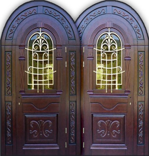 Входная металлическая дверь аркой, с ковкой и стеклом СП318